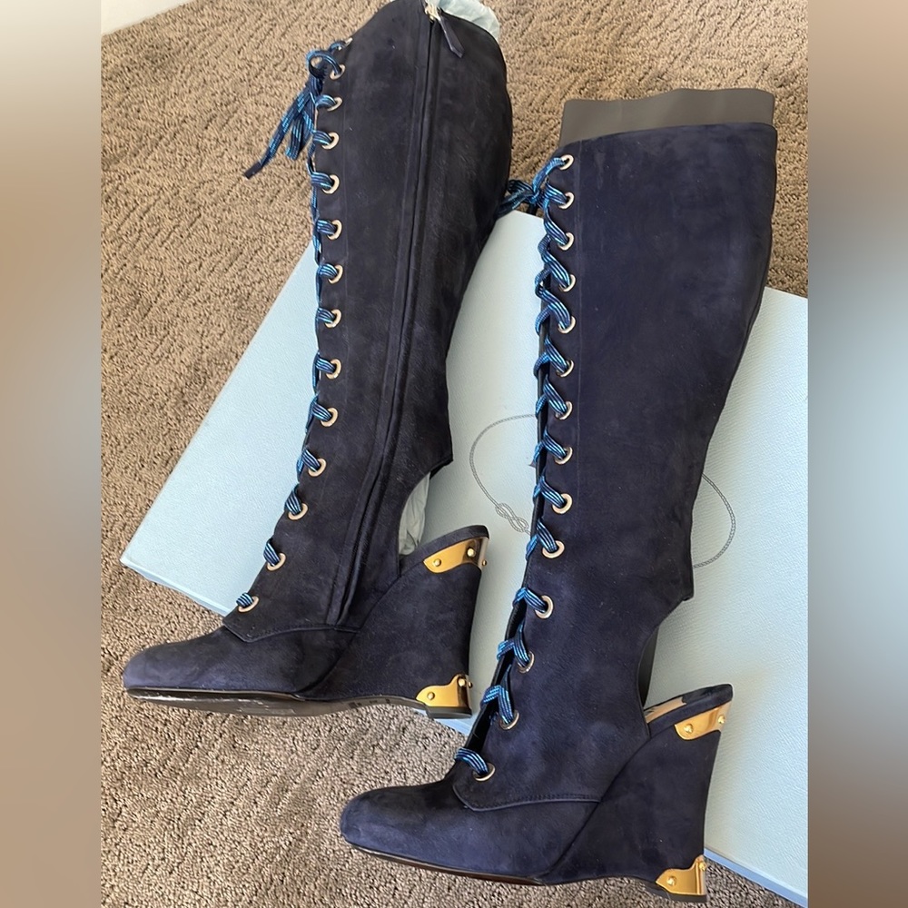 PRADA DARK BLUE LACED KNEW OPEN HEEL BOOTS SIZE 6.5 (36.5 Italian size) - Picture 8 of 17